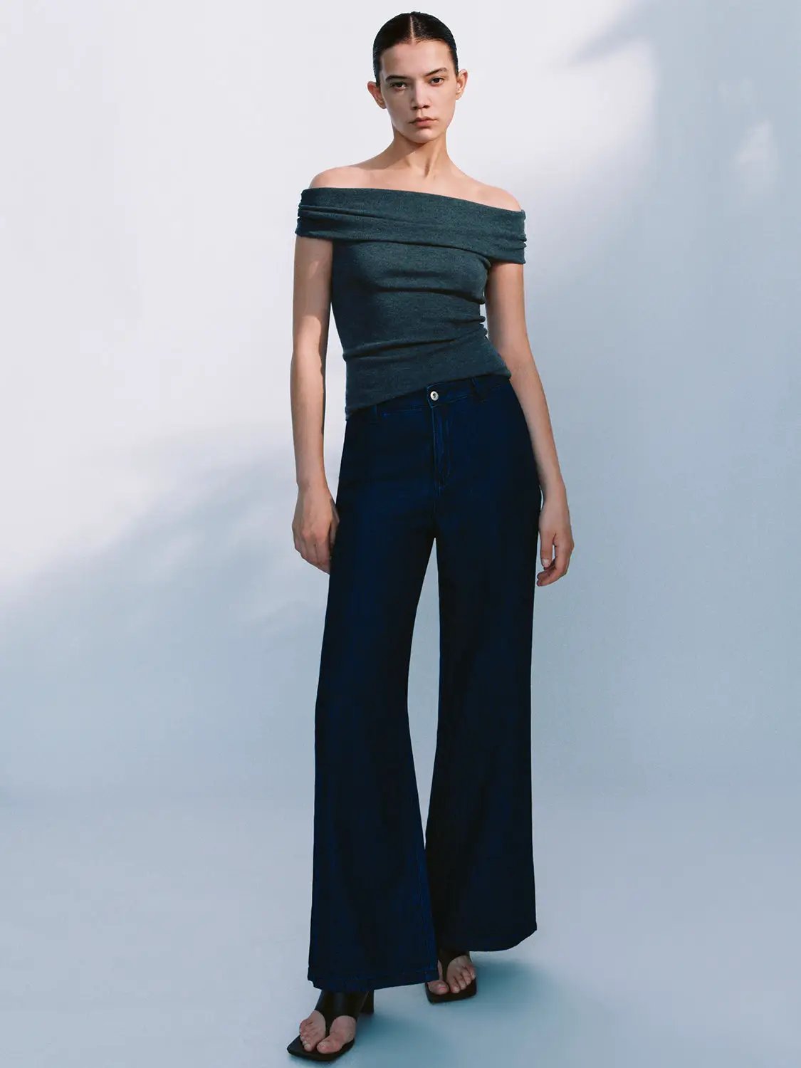 High Waist Textured Fabric Loose Wide Leg Denim Jeans