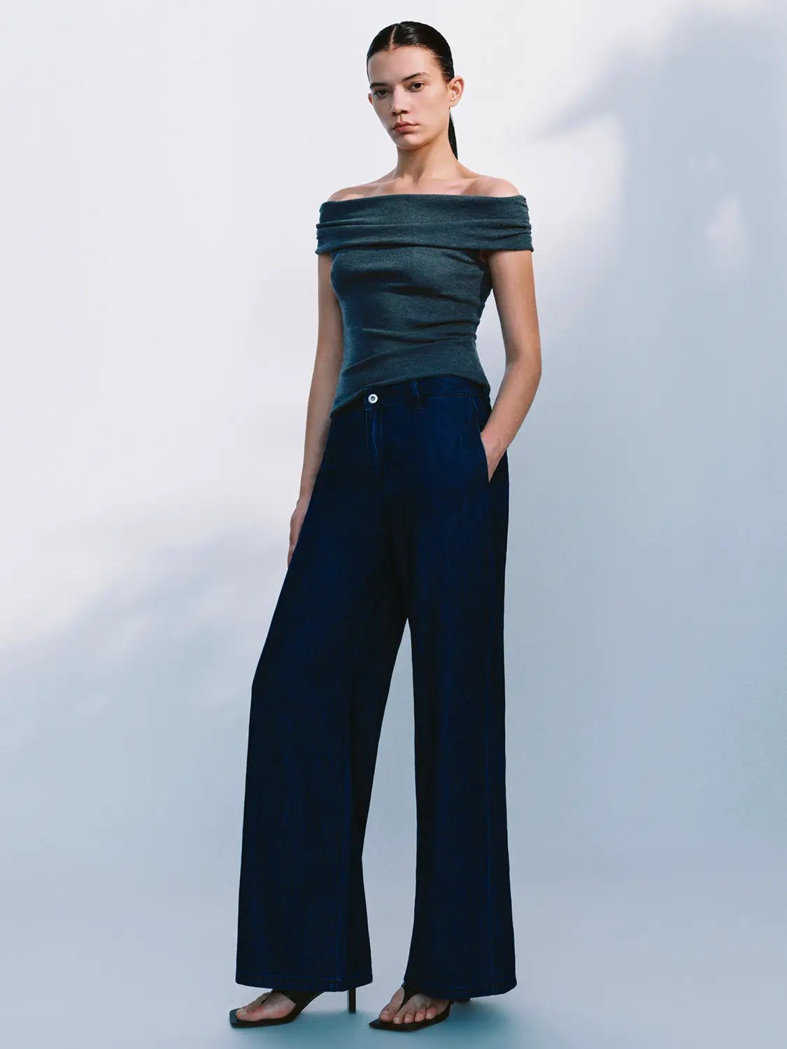 High Waist Textured Fabric Loose Wide Leg Denim Jeans