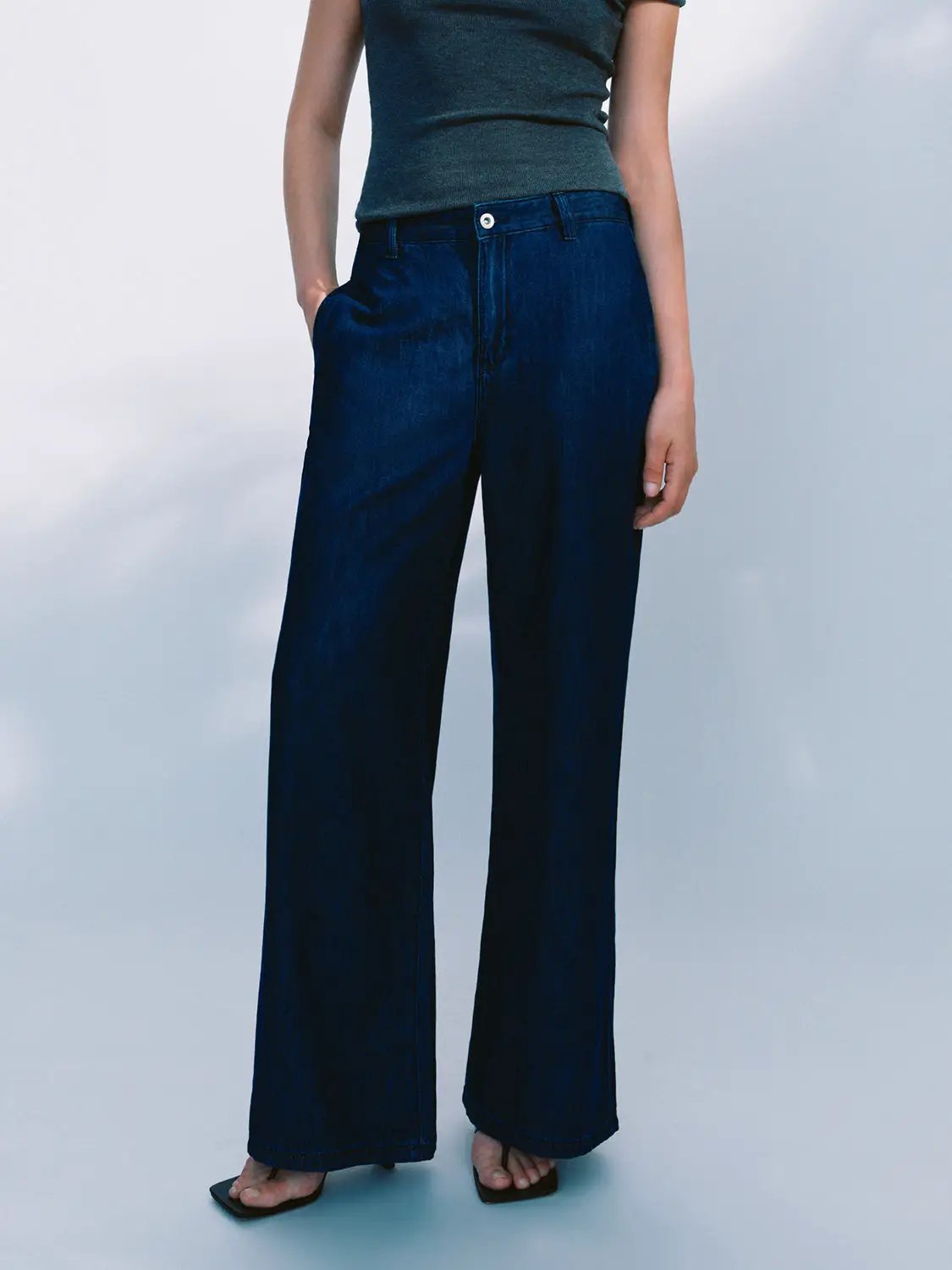 High Waist Textured Fabric Loose Wide Leg Denim Jeans