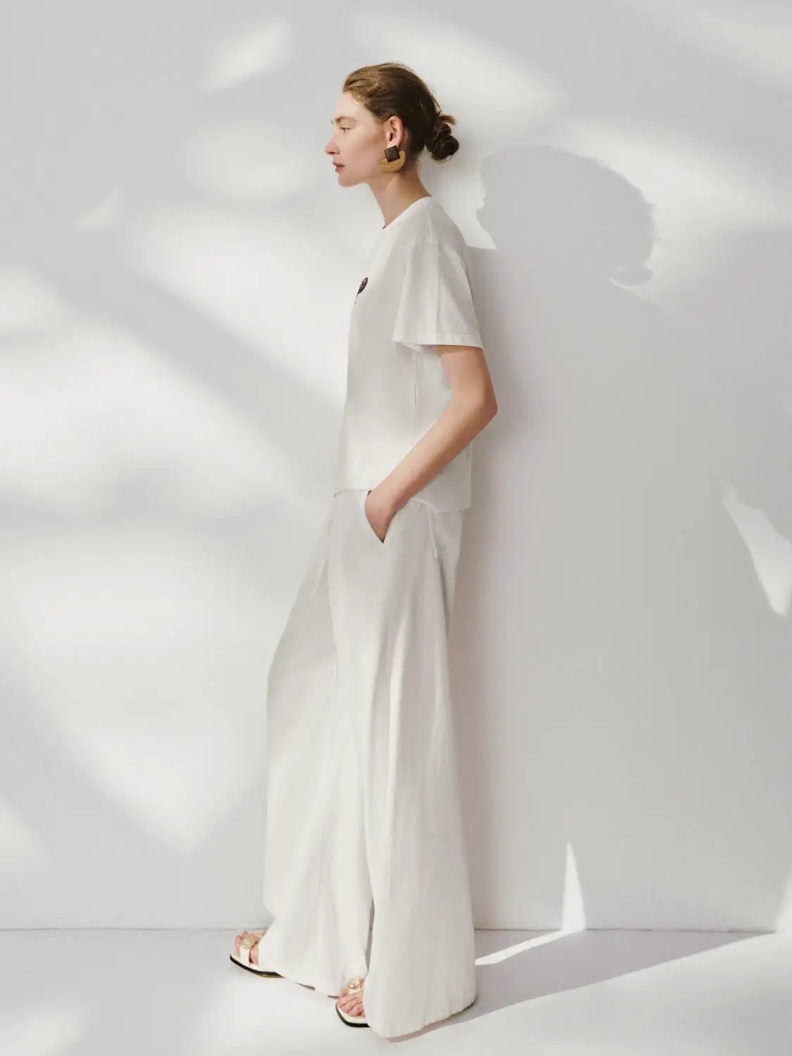 Drawstring Waist Wide Leg Cotton Trousers