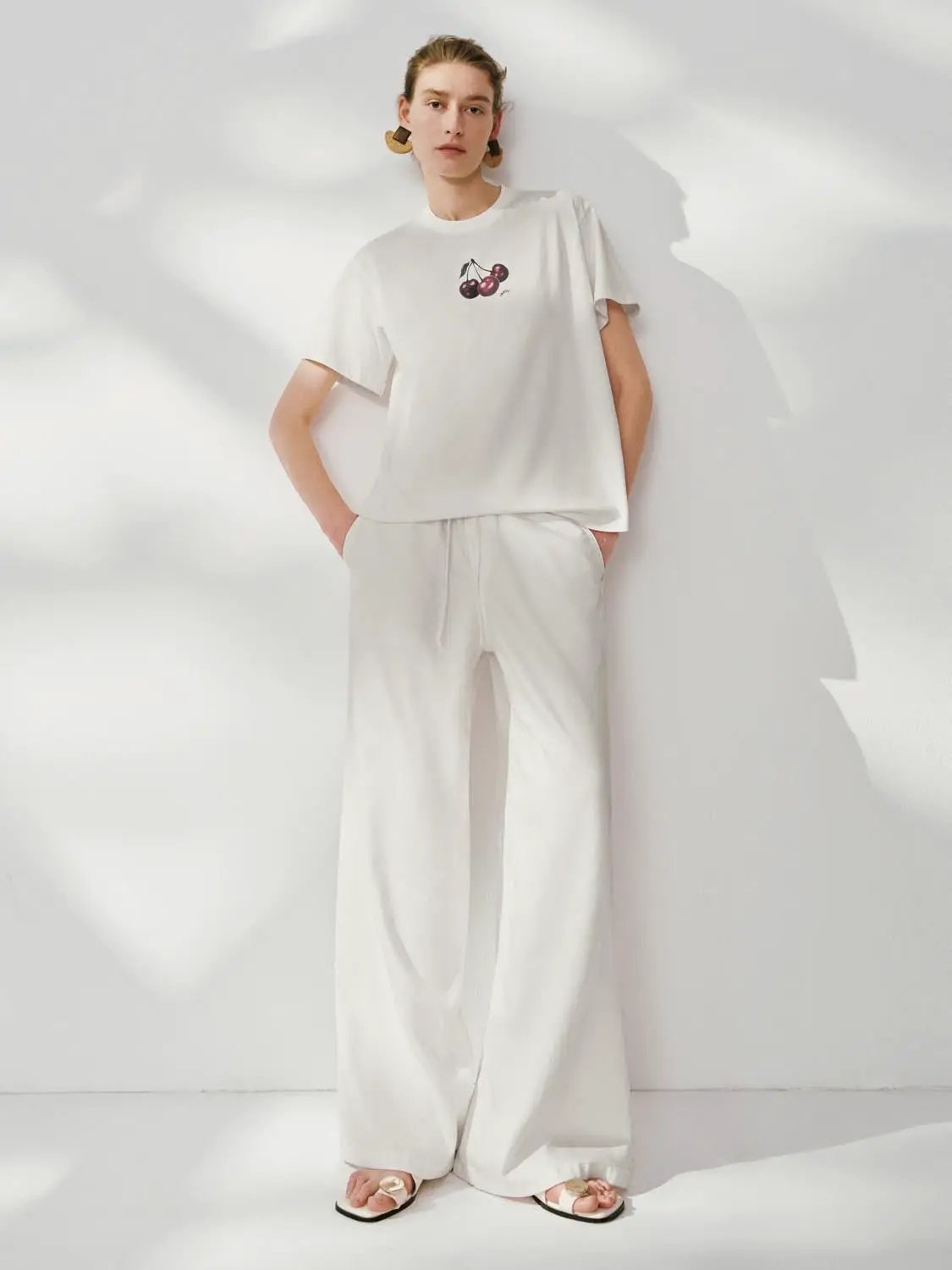 Drawstring Waist Wide Leg Cotton Trousers