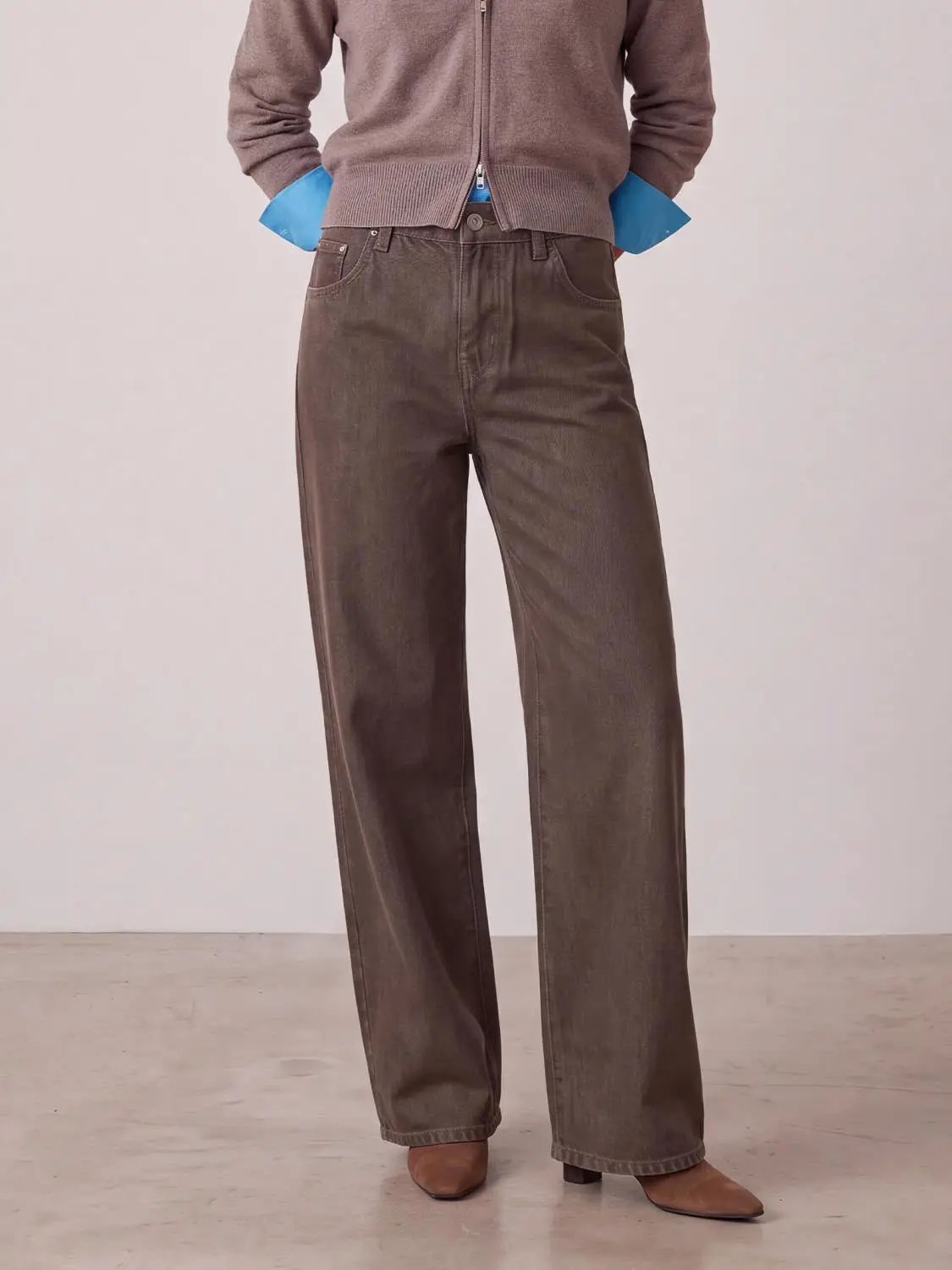High Waist Contrast Stitch Pocket Loose Wide Leg Denim Pants