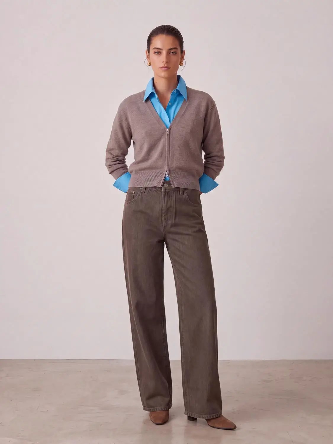 High Waist Contrast Stitch Pocket Loose Wide Leg Denim Pants