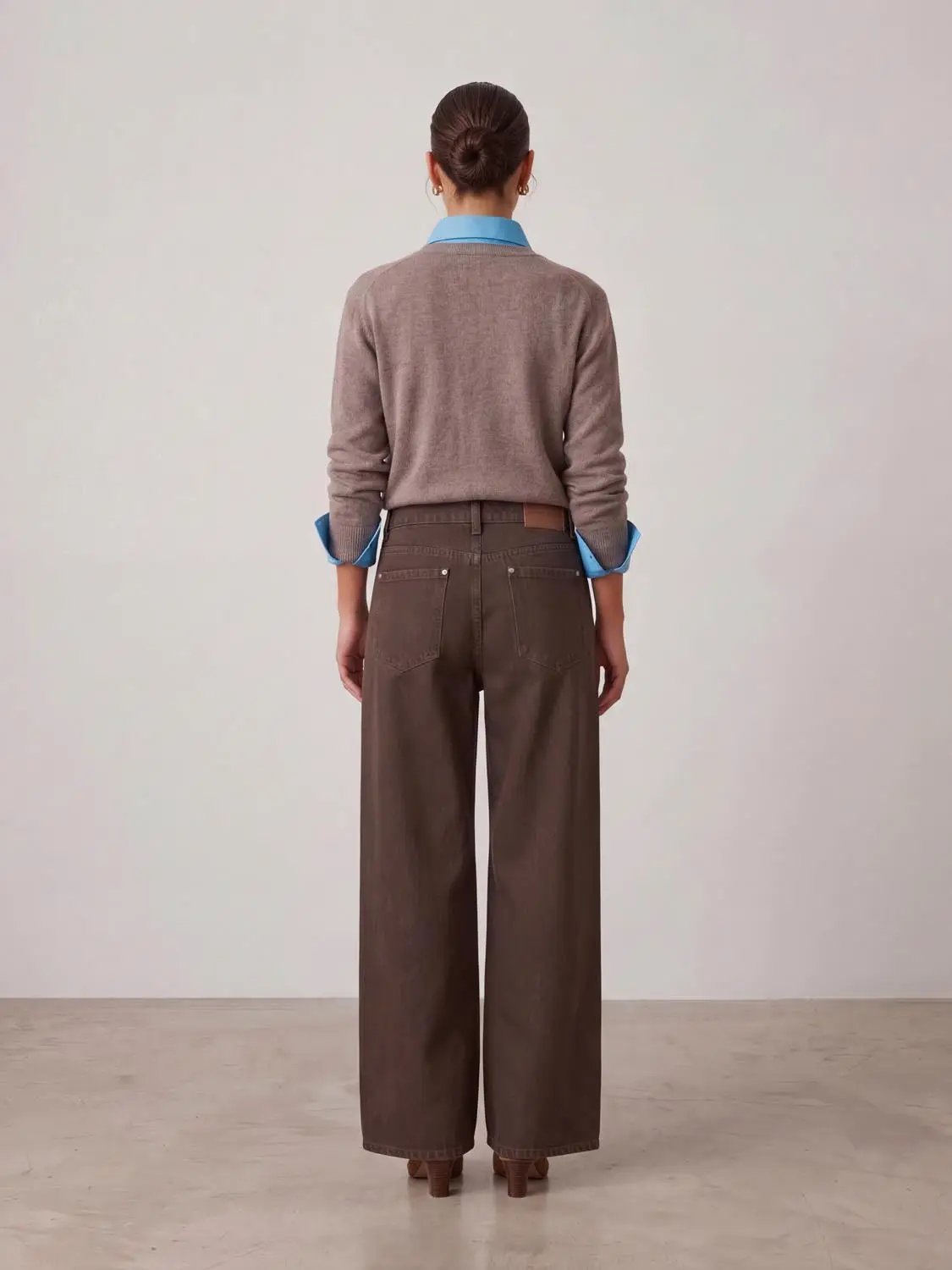 High Waist Contrast Stitch Pocket Loose Wide Leg Denim Pants