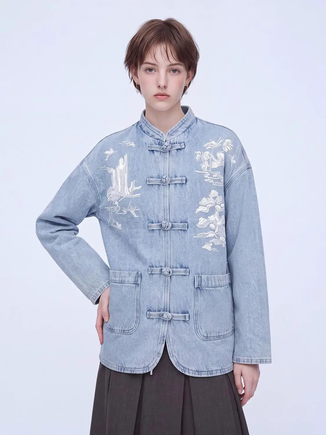 Frog Button Landscape Embroidered Cotton Denim Oversized Jacket