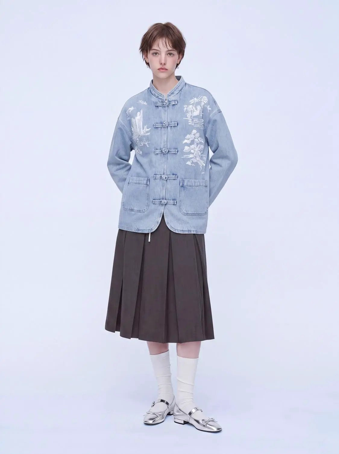 Frog Button Landscape Embroidered Cotton Denim Oversized Jacket