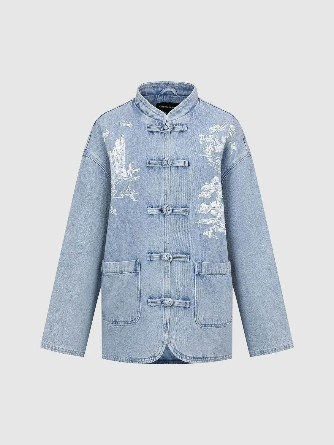 Frog Button Landscape Embroidered Cotton Denim Oversized Jacket