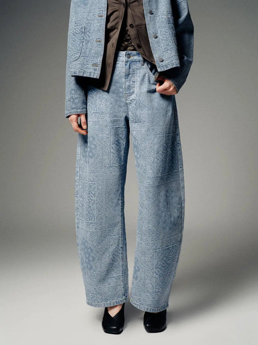 Mid Rise All Over Printed Barrel Leg Cotton Denim Jeans