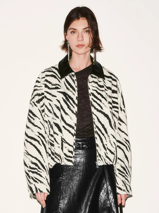 Zebra Print Collar Oversized Cotton Denim Bomber Jacket