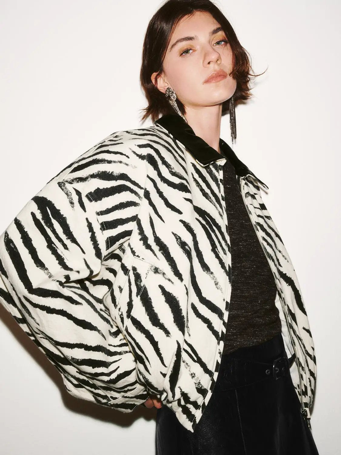 Zebra Print Collar Oversized Cotton Denim Bomber Jacket