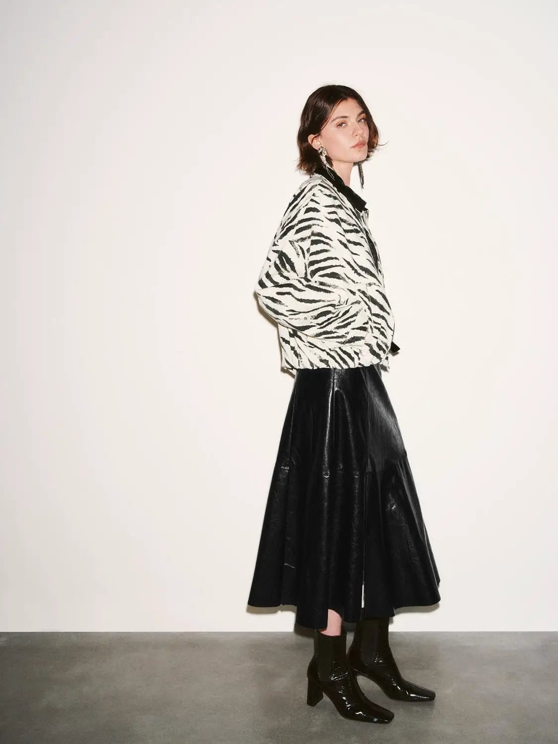 Zebra Print Collar Oversized Cotton Denim Bomber Jacket