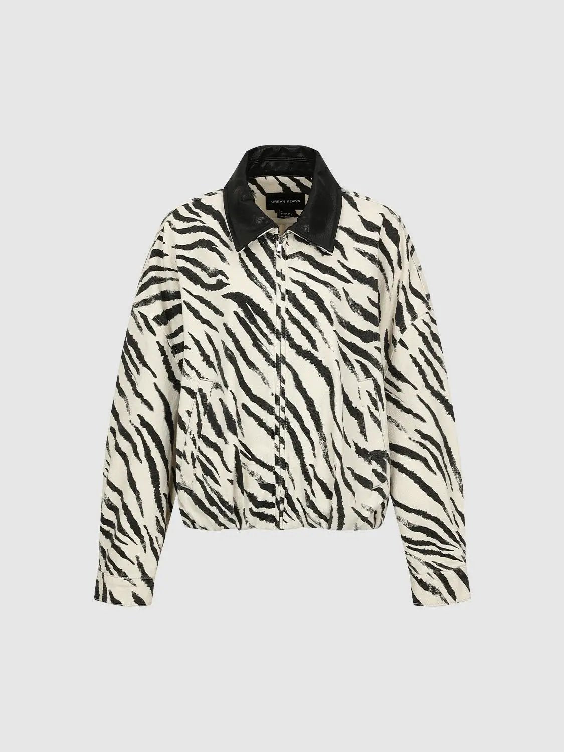 Zebra Print Collar Oversized Cotton Denim Bomber Jacket