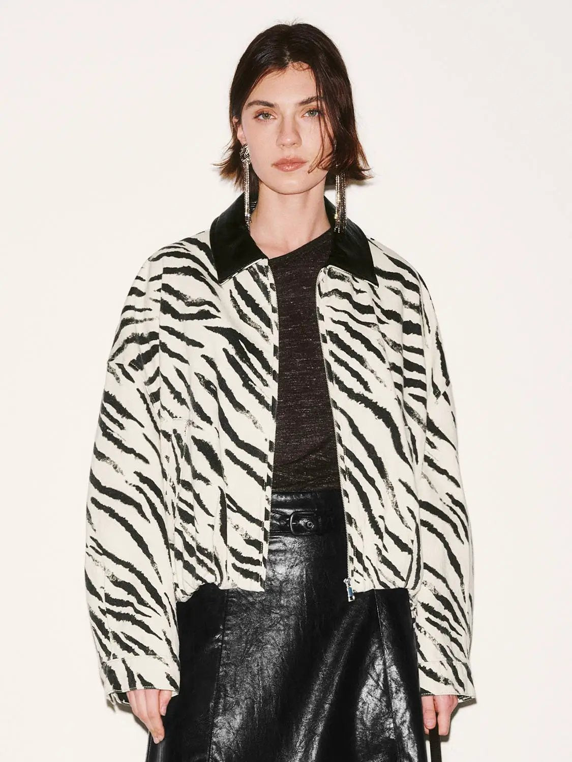 Zebra Print Collar Oversized Cotton Denim Bomber Jacket