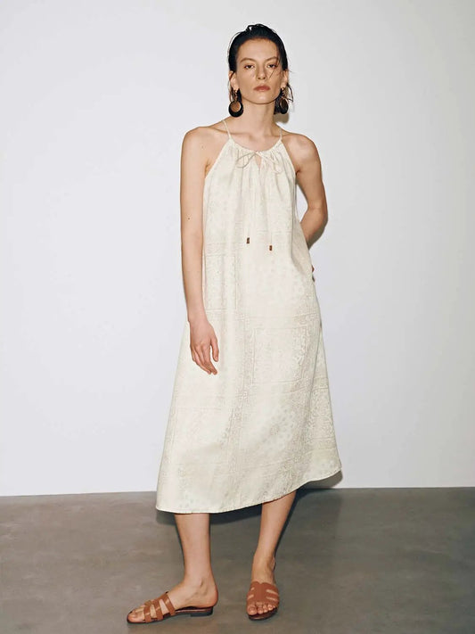 Halter Tie Front Loose Textured Woven Strappy Midi Dress
