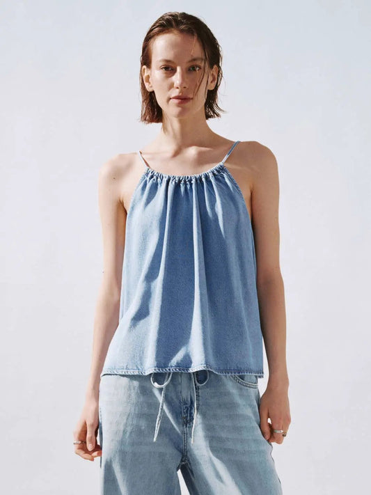 Halter Gathered Neck Light Wash Denim Loose Cami Top