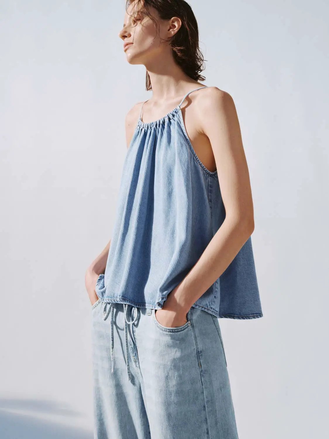 Halter Gathered Neck Light Wash Denim Loose Cami Top