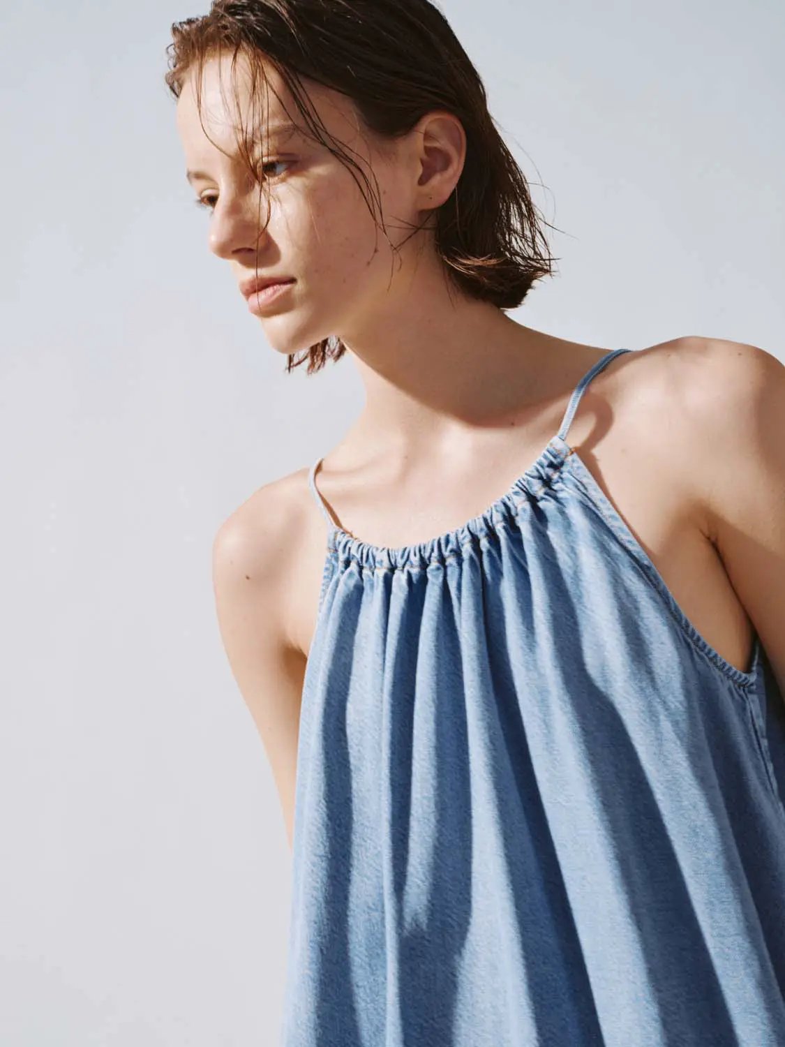 Halter Gathered Neck Light Wash Denim Loose Cami Top