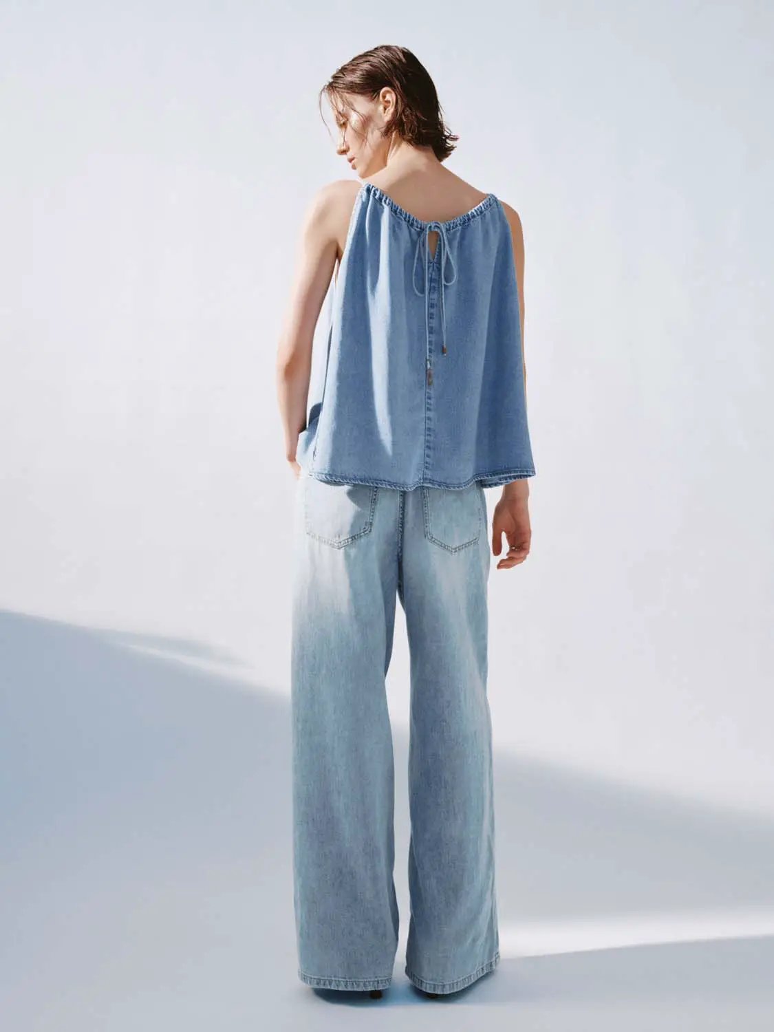 Halter Gathered Neck Light Wash Denim Loose Cami Top
