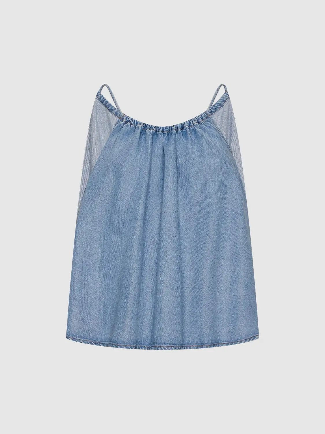 Halter Gathered Neck Light Wash Denim Loose Cami Top