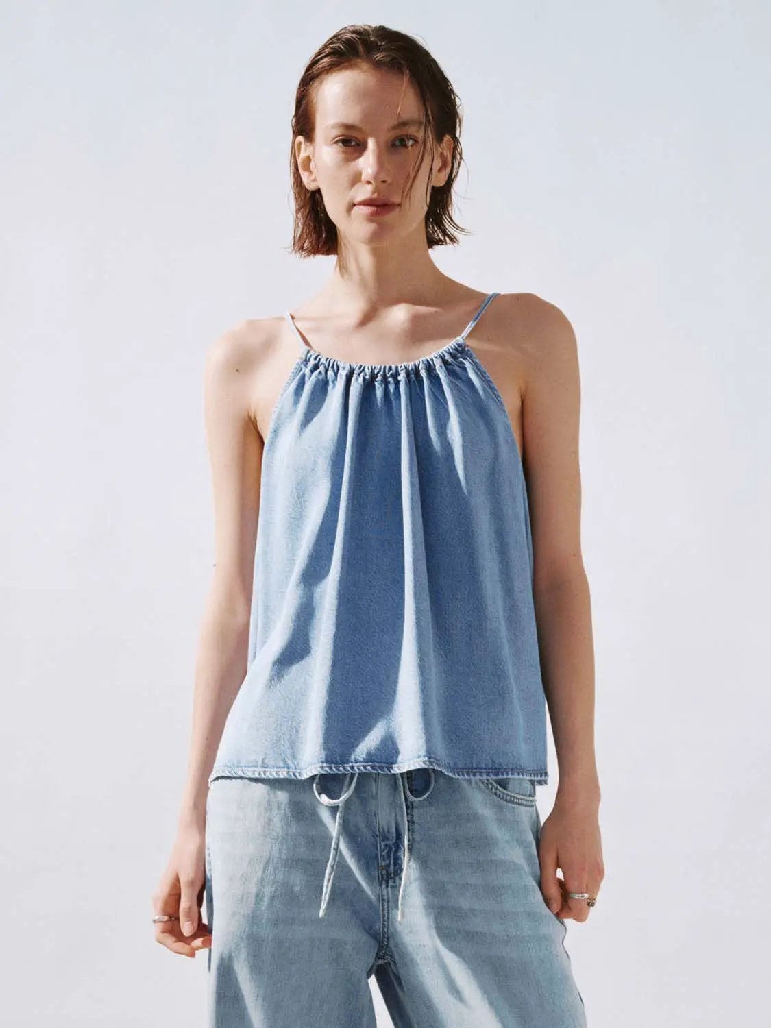 Halter Gathered Neck Light Wash Denim Loose Cami Top