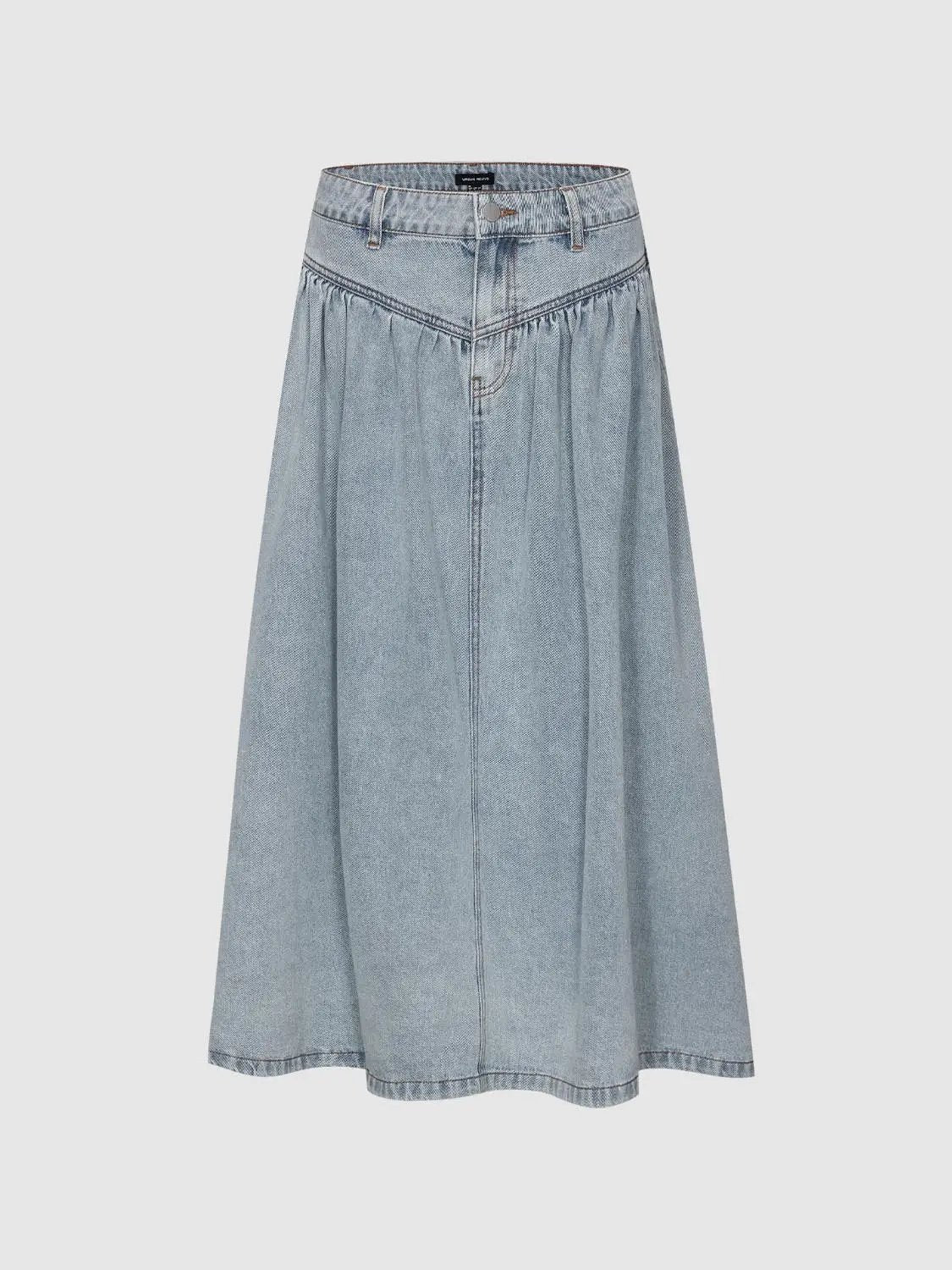 Shirring Detail Denim A-Line Cotton Midi Skirt