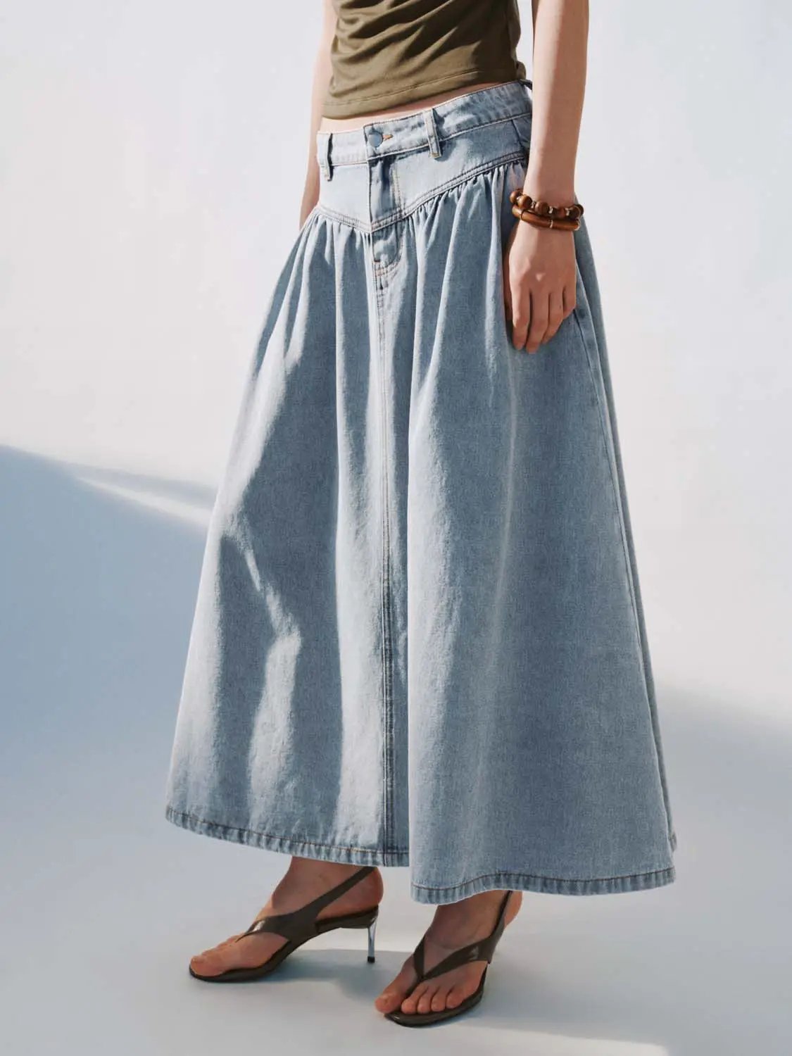 Shirring Detail Denim A-Line Cotton Midi Skirt