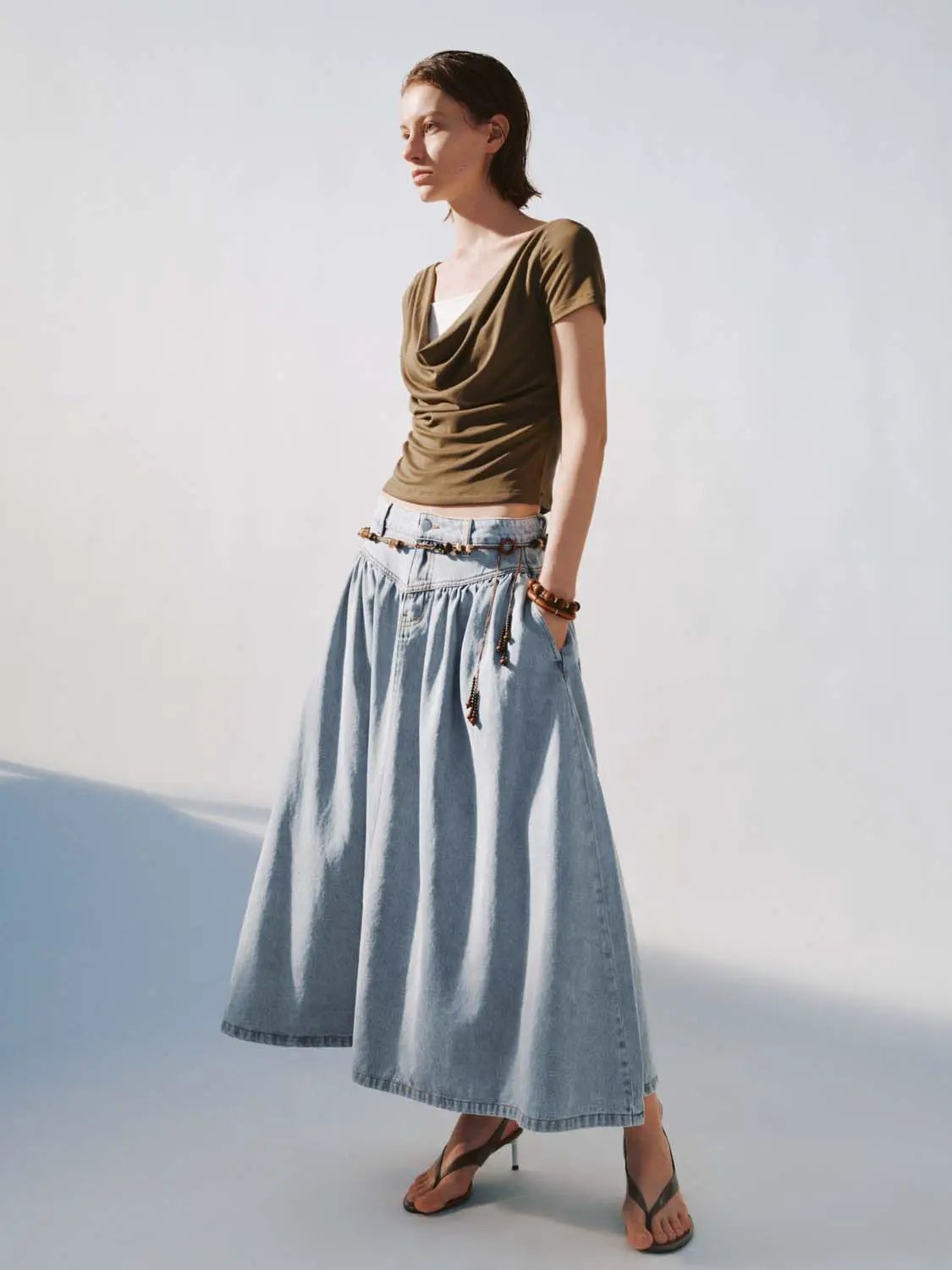 Shirring Detail Denim A-Line Cotton Midi Skirt