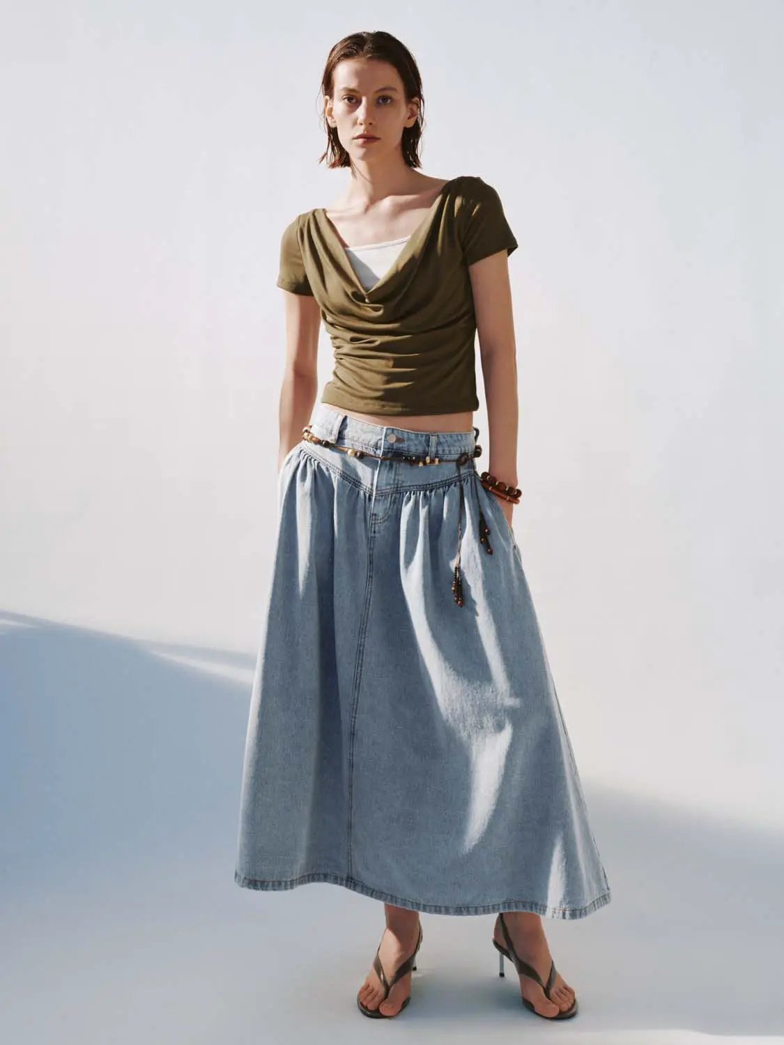 Shirring Detail Denim A-Line Cotton Midi Skirt