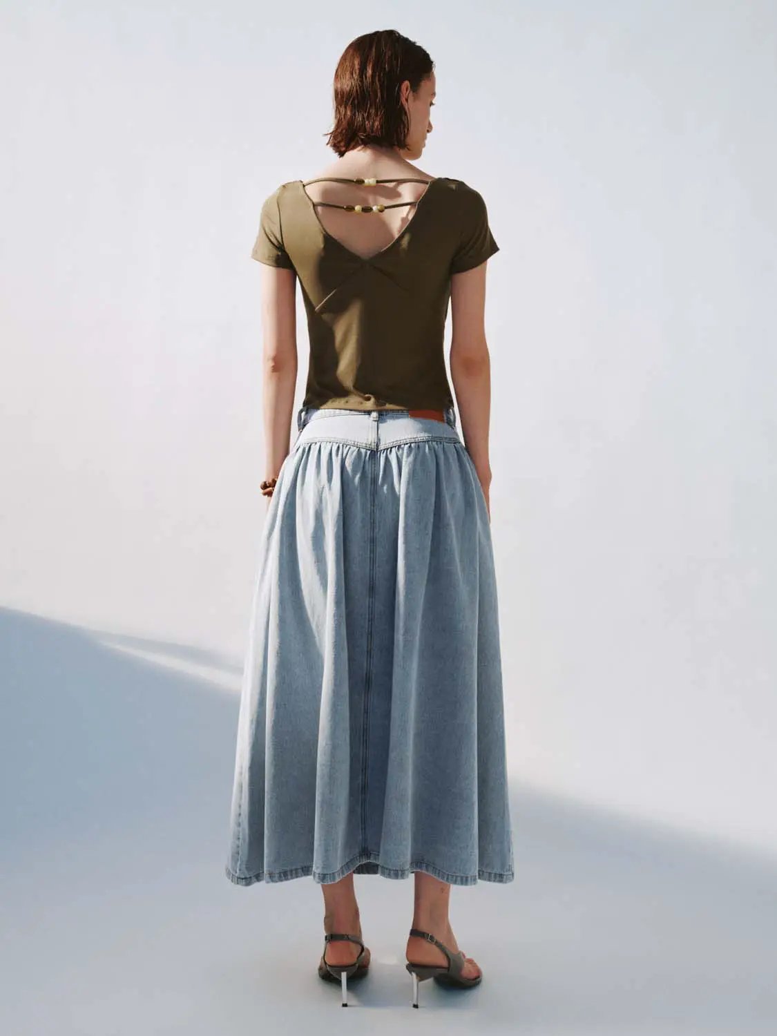 Shirring Detail Denim A-Line Cotton Midi Skirt