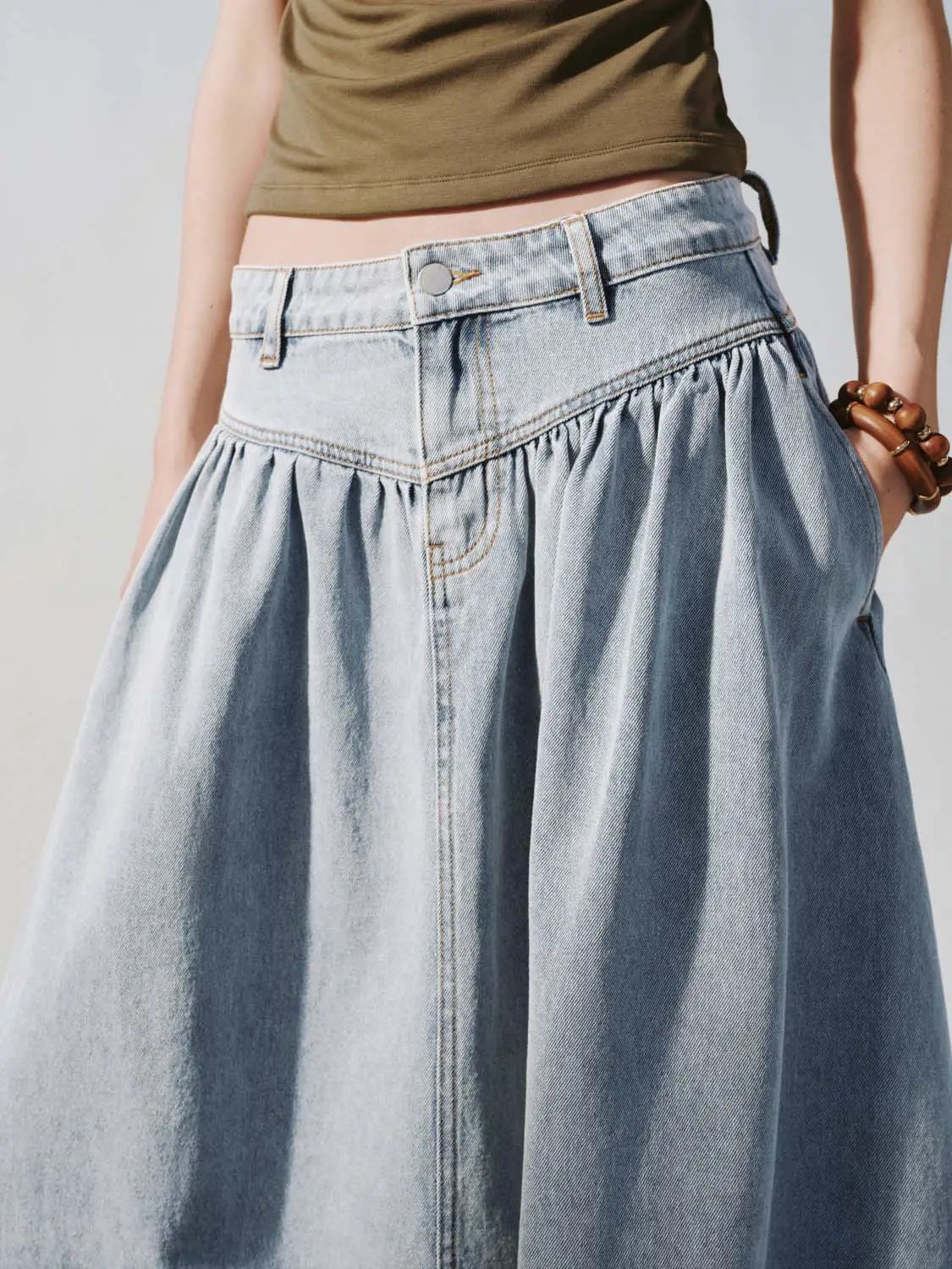 Shirring Detail Denim A-Line Cotton Midi Skirt