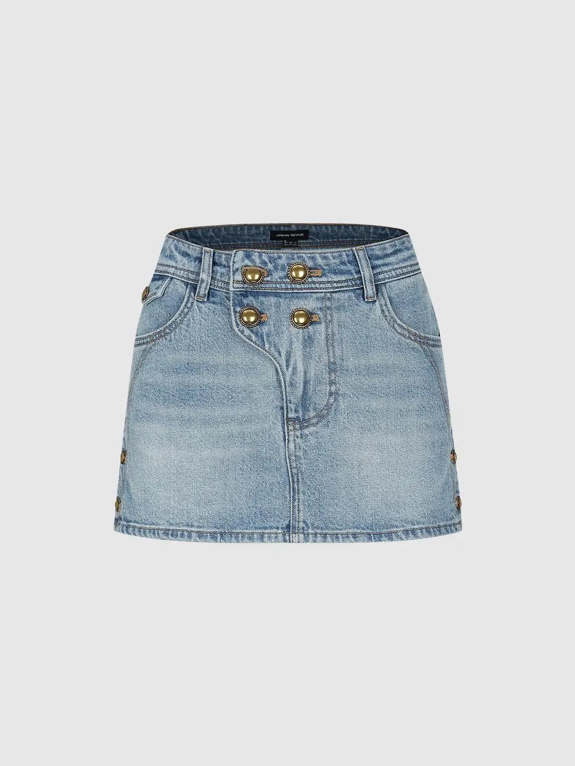 Cotton Button Front High-waisted Washed Denim Skirt
