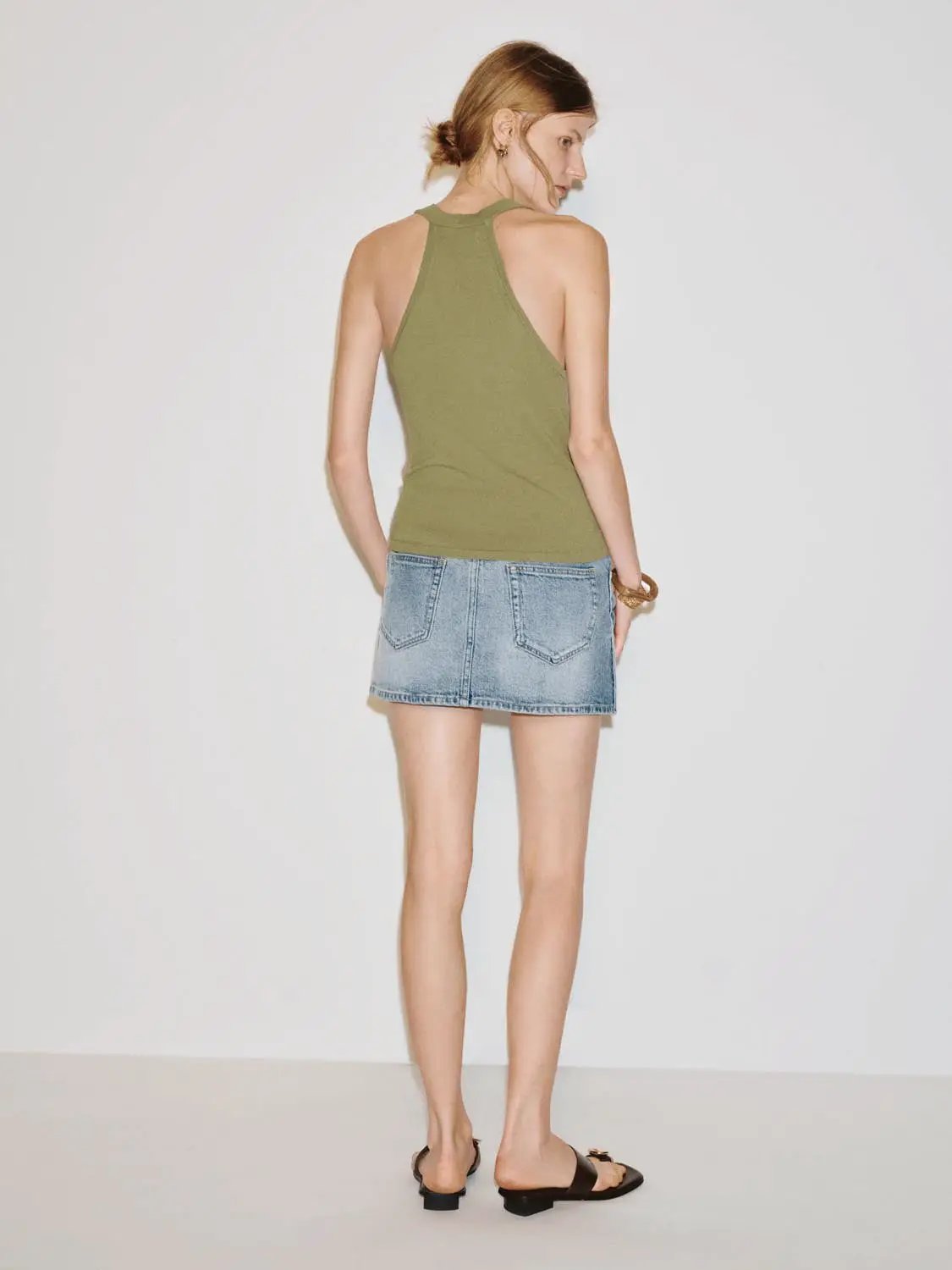 Cotton Button Front High-waisted Washed Denim Skirt