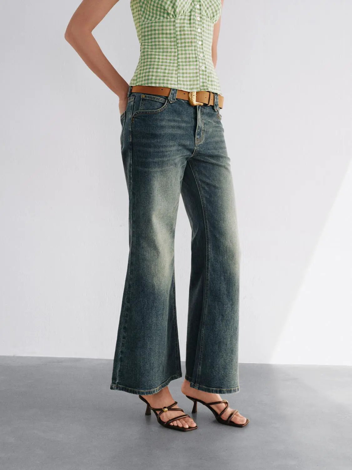 Faded Wide-leg Mid-rise Cotton Blend Jeans