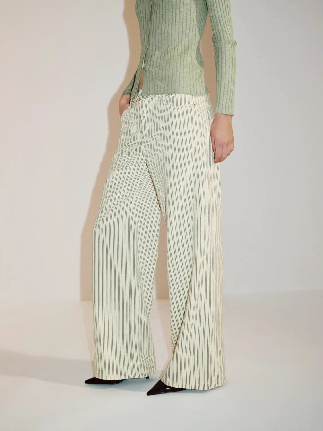 Striped Cotton Button Front Wide-leg Pants
