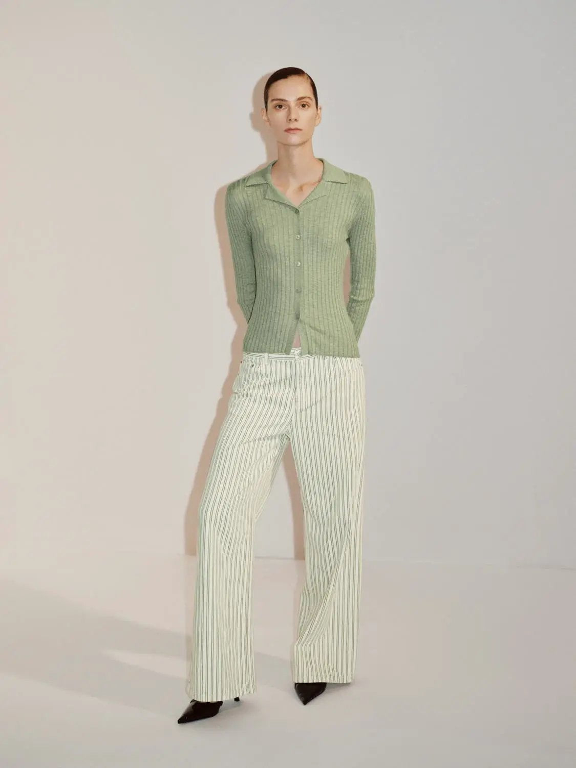 Striped Cotton Button Front Wide-leg Pants