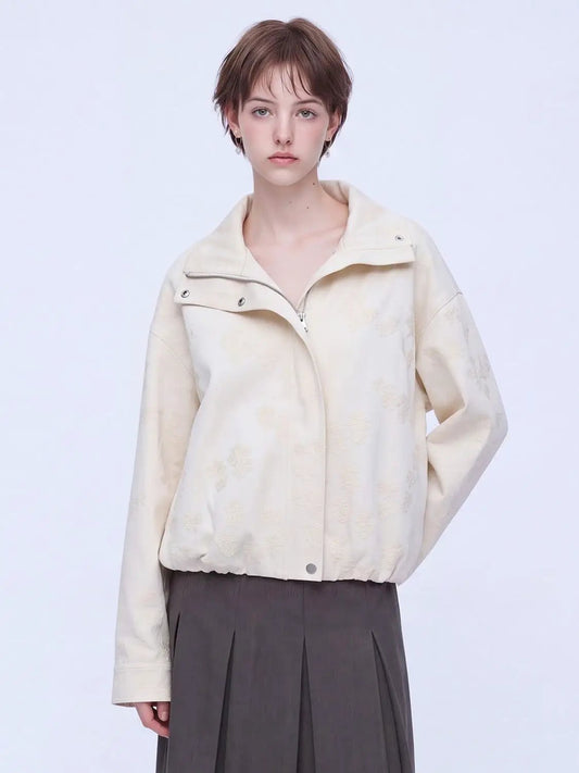 Zipper Front Textured Floral Boxy Long Sleeve Jacket