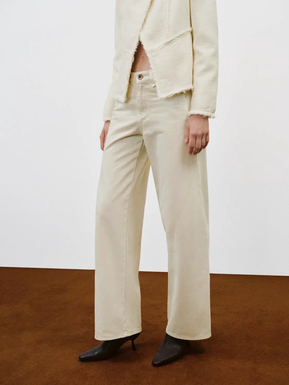 High-waisted Cotton Blend Wide-leg Pants