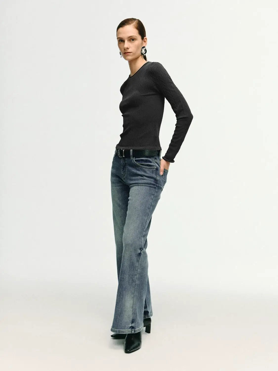 High-waisted Stretch Cotton Blend Flare Jeans