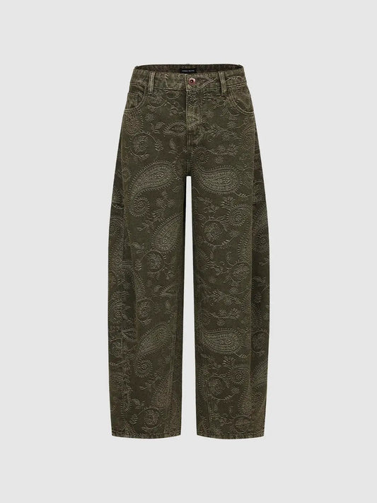 Paisley Print High-waisted Cotton Blend Wide-leg Pants