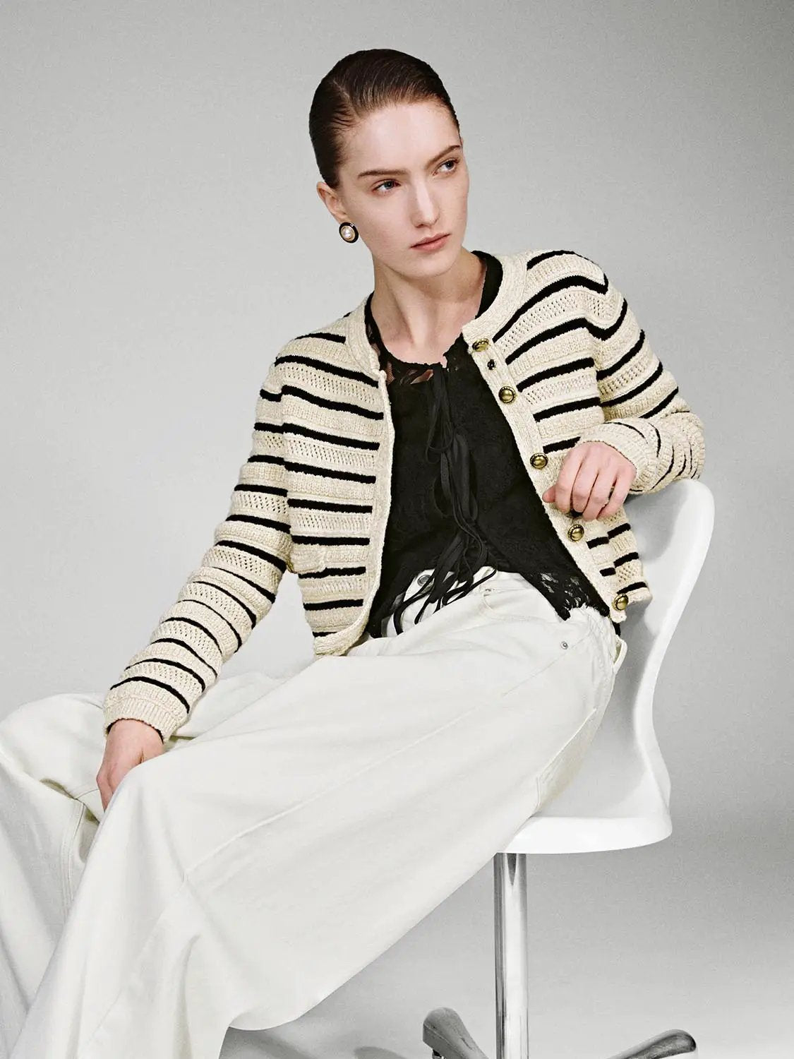Long Sleeve Crew Neck Striped Cropped Cotton Knit Cardigan
