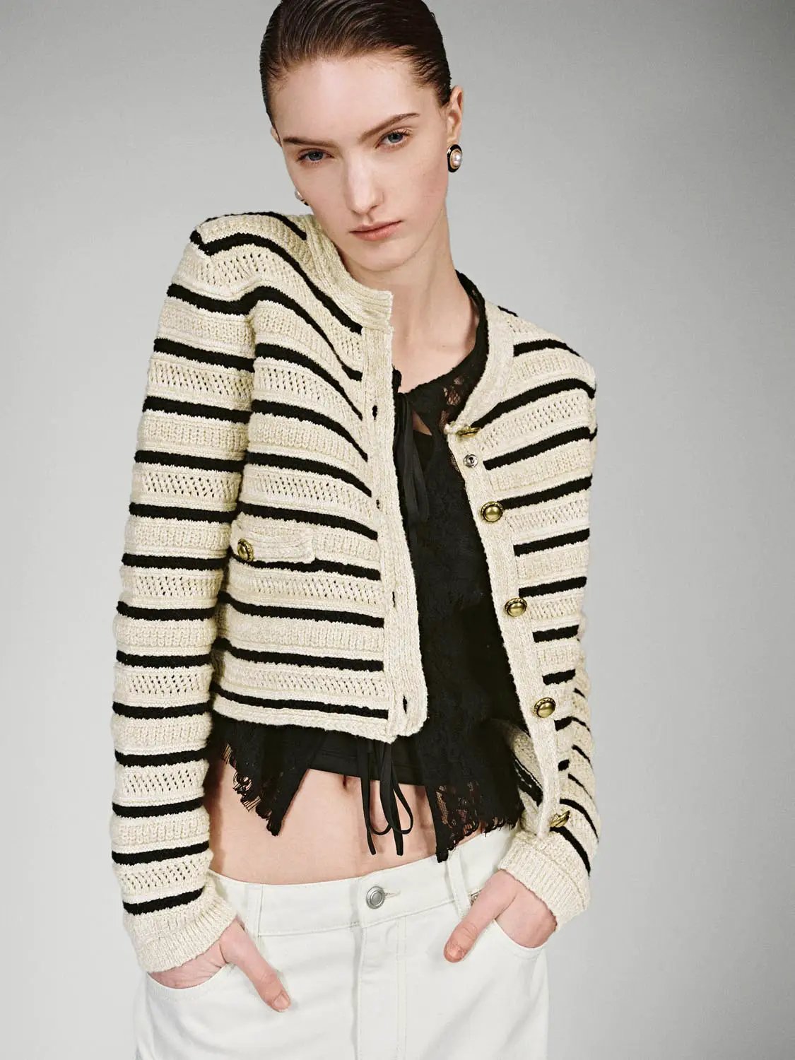 Long Sleeve Crew Neck Striped Cropped Cotton Knit Cardigan