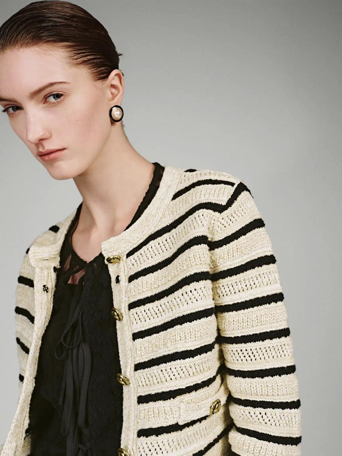 Long Sleeve Crew Neck Striped Cropped Cotton Knit Cardigan