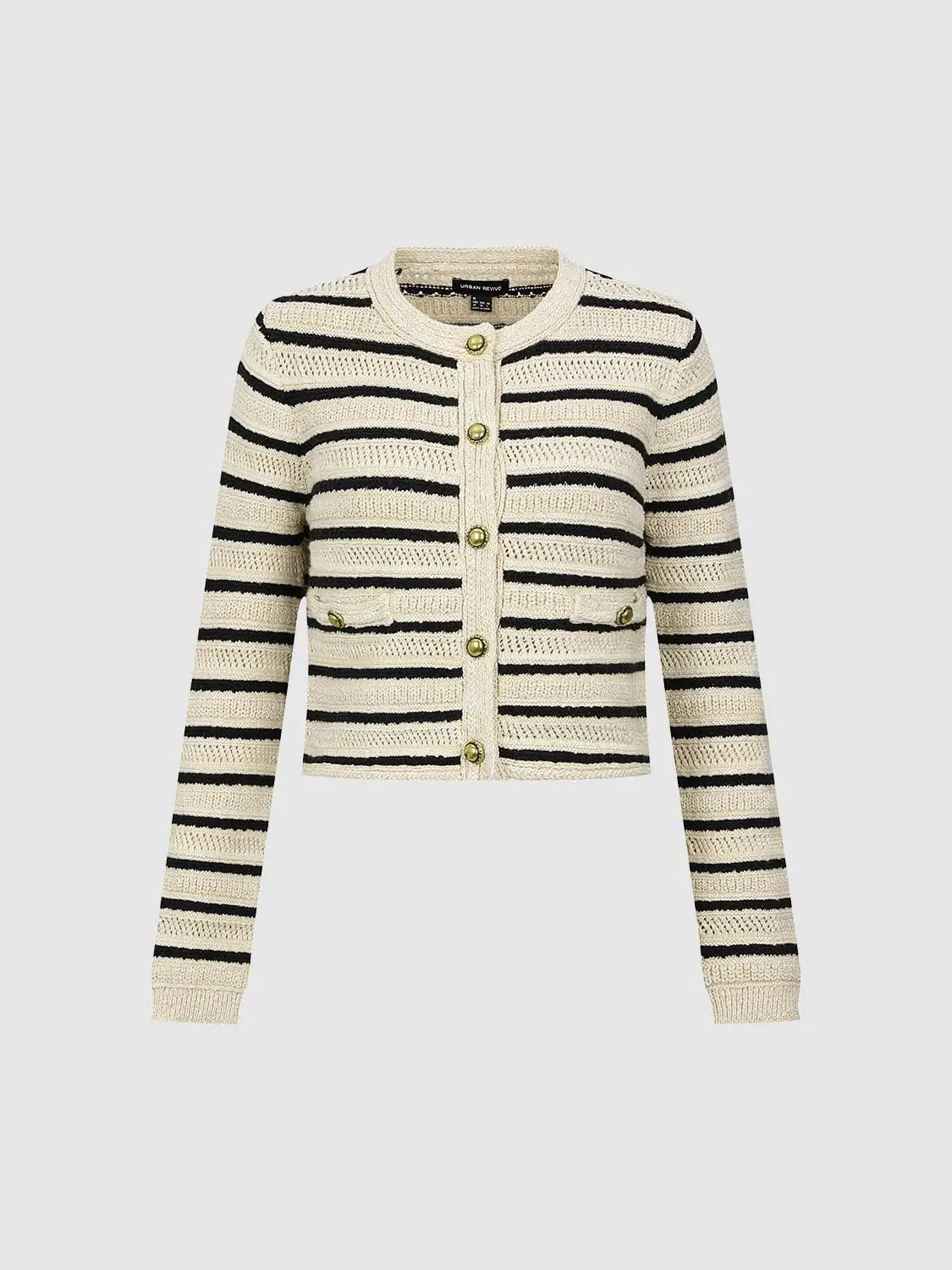 Long Sleeve Crew Neck Striped Cropped Cotton Knit Cardigan