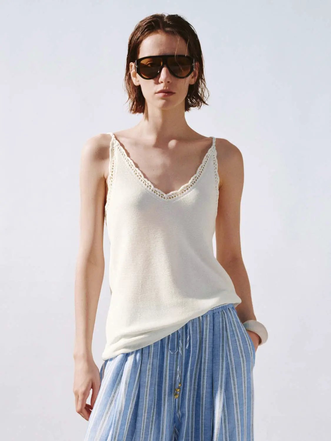 V Neck Lace Trim Relaxed Fit Spaghetti Strap Knit Cami Top