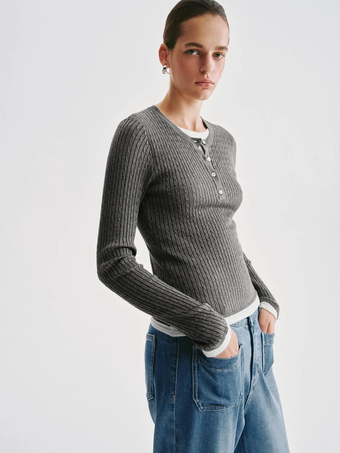 Slim Ribbed Layered Button Front Long Sleeve Knit T-Shirt
