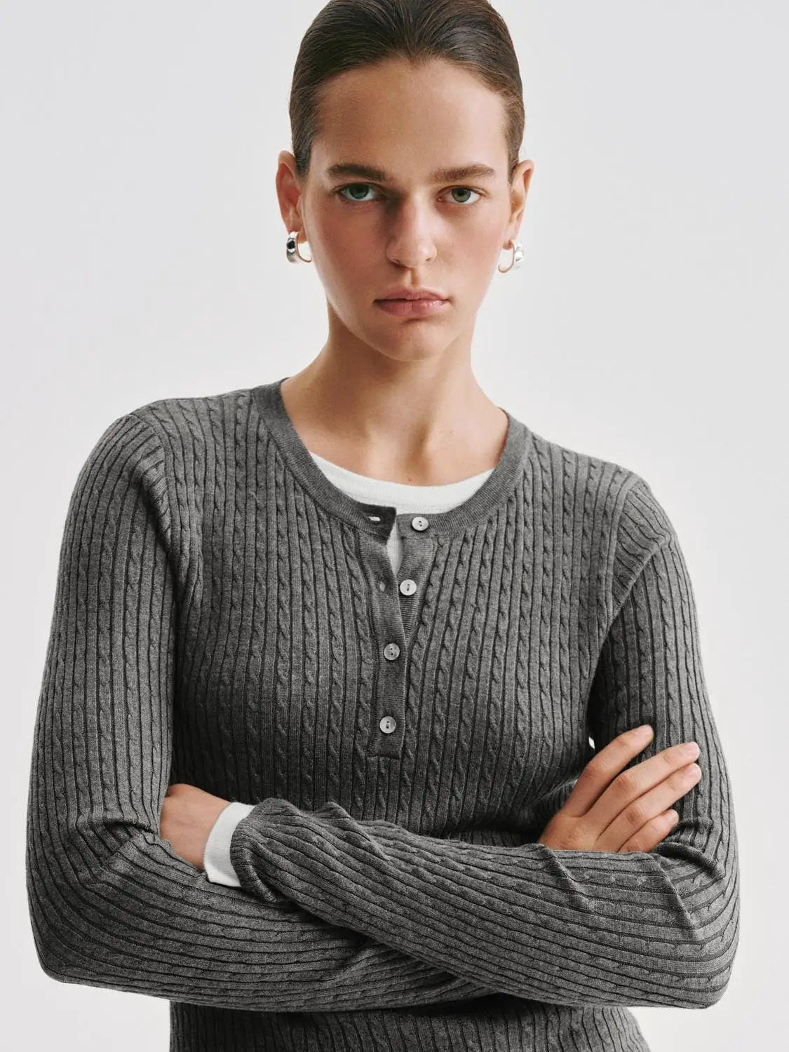 Slim Ribbed Layered Button Front Long Sleeve Knit T-Shirt