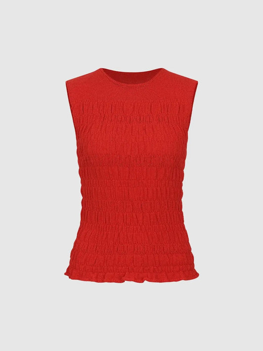 Ribbed Ruched Sleeveless Crew Neck Cotton Blend Tank Top