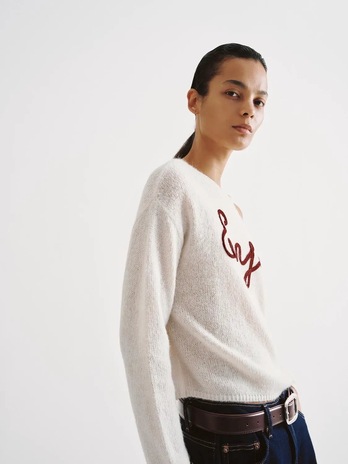 Knit Lightweight With Red Script Embroidery Sweater