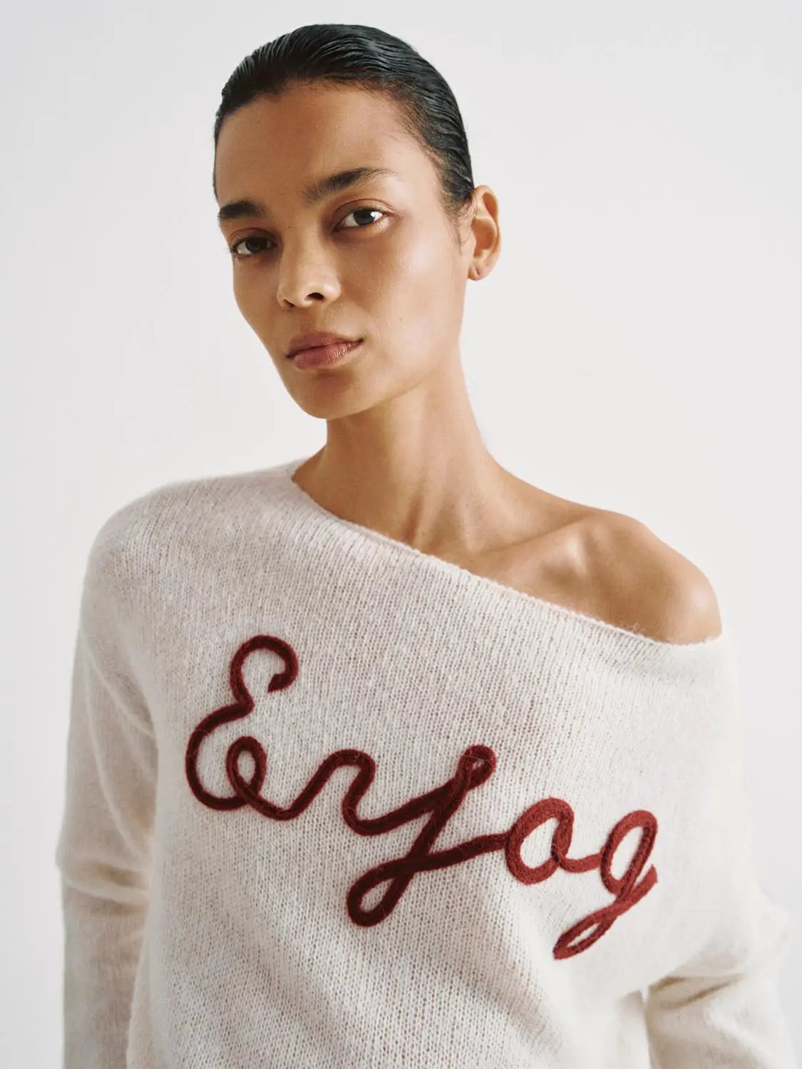 Knit Lightweight With Red Script Embroidery Sweater