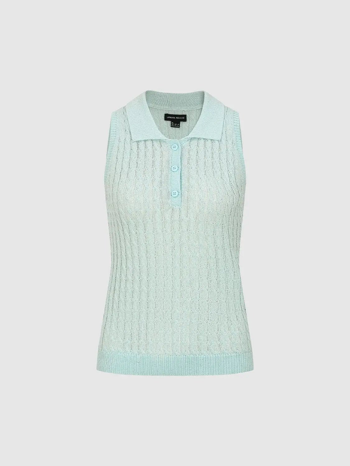 Twisted Knit Polo Collar Sleeveless Tank Top